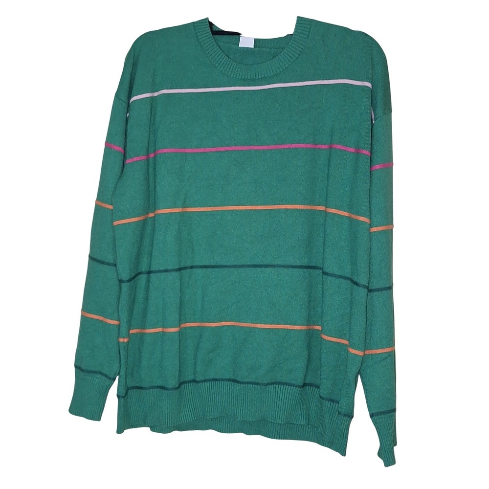 Shewin Womens Green Striped Crewneck Sweater Long Sleeve Pullover Size 2XL